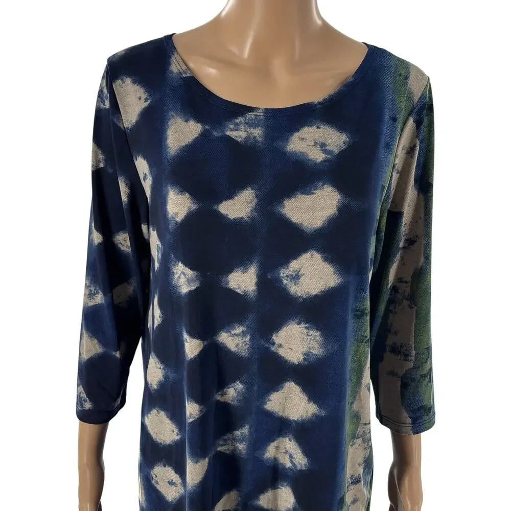 Clara Sunwoo Blue Geometric Patterned Silky Stretch Knit Tunic Top